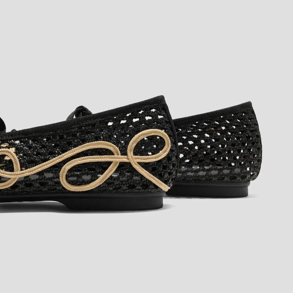 VIVAIA Makayla Black Natural Mesh Embroidered Square Toe Flats EU 39.5 US 8.5